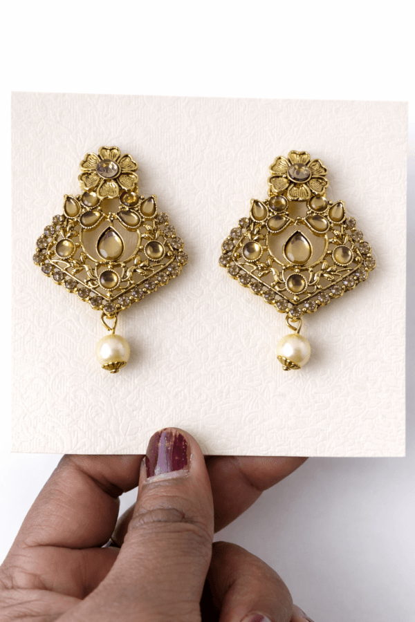 Antique Finish Kundan Pearl Drop Earrings for Women