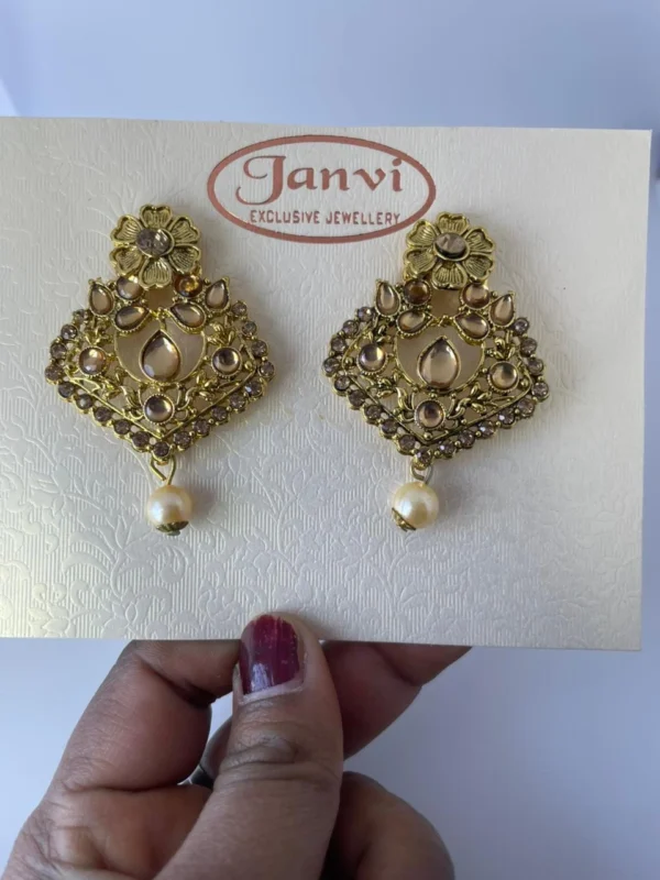 Antique Finish Kundan Pearl Drop Earrings for Women