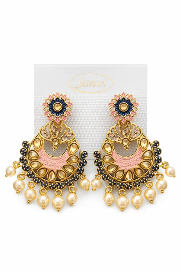 Premium Blue Pink Pearl Chandbali Earrings for Women