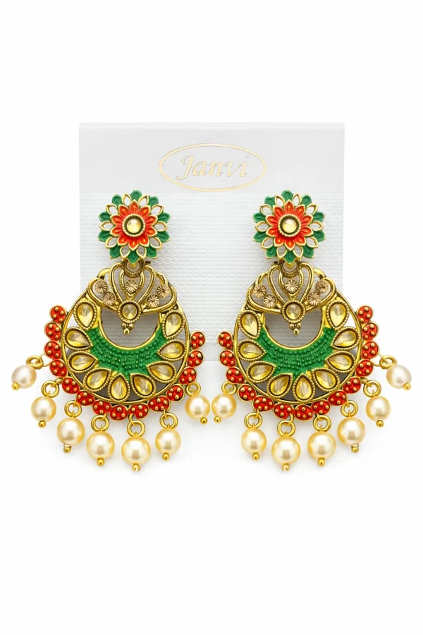 Green Red Pearl Chandbali Earrings Festive Collection