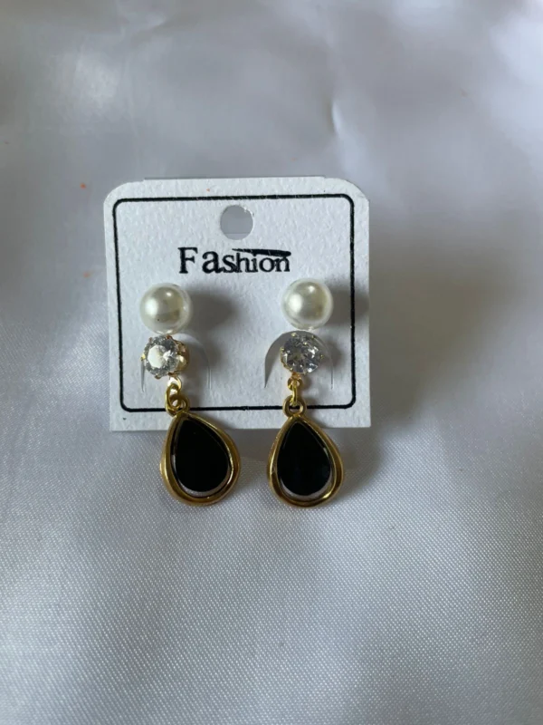 Pearl stud and black teardrop dangle earrings set for women combo jewelry
