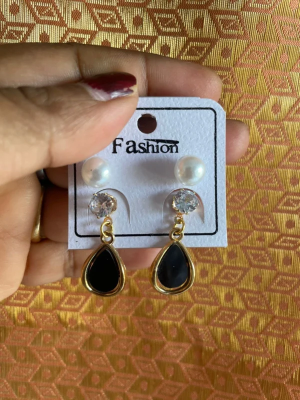Pearl stud and black teardrop dangle earrings set for women combo jewelry