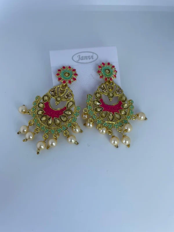 Pink Green Pearl Chandbali Earrings Wedding Wear