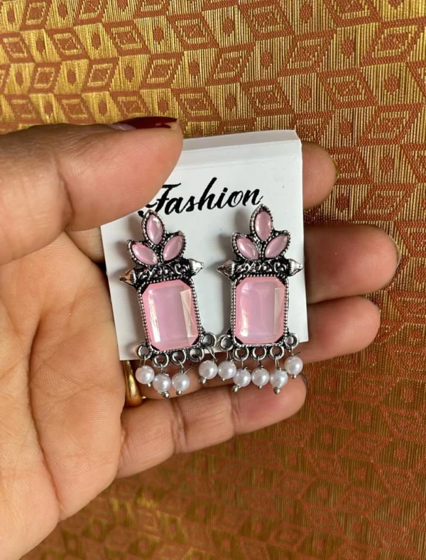 pink oxidised stone pearl drop earrings for women ethnic jewelry