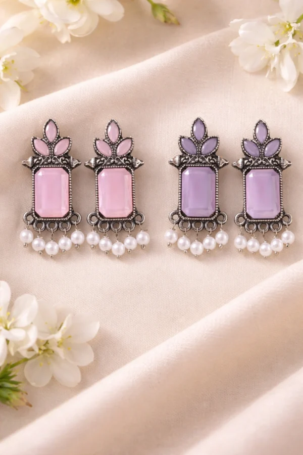 Oxidised Stone Pearl Drop Earrings for Women