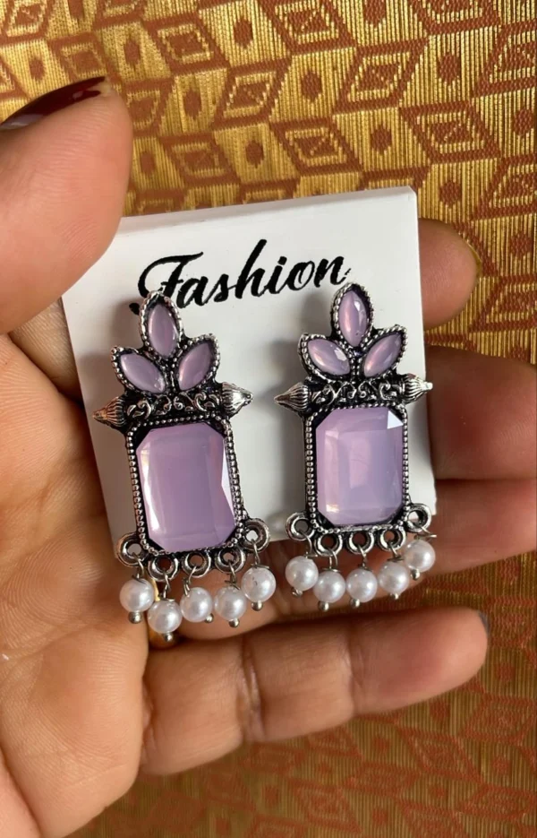 purple oxidised stone pearl drop earrings for women ethnic jewelry