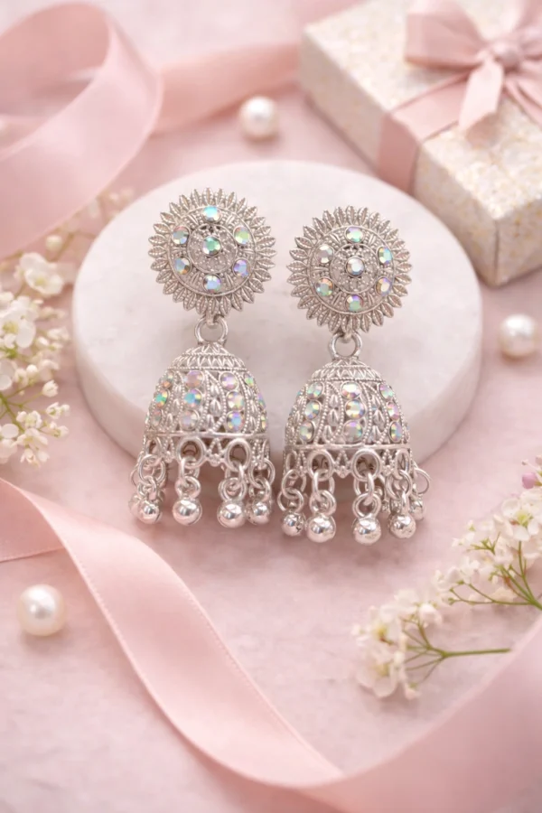 Silver oxidised mirror jhumka earrings for women party wear ethnic jewelry