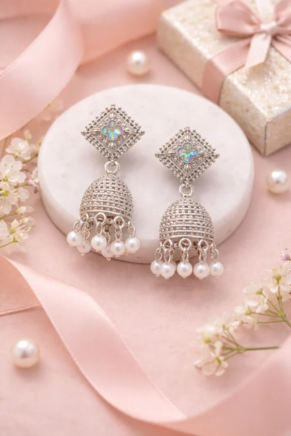 Silver Oxidised Pearl Jhumka Earrings