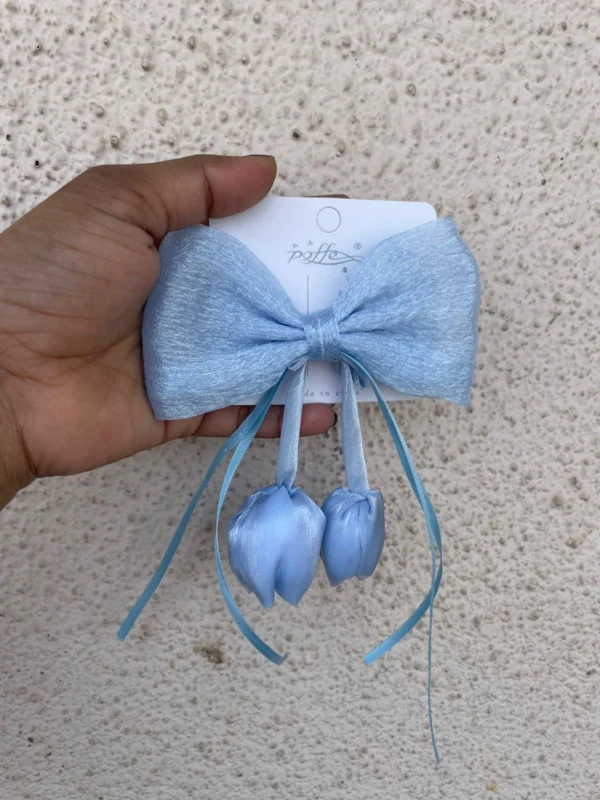 Sky blue satin hair bow clip with tulip design