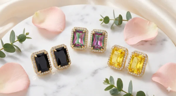 Square Crystal Stone Stud Earrings for Women – Black, Yellow & Multicolor