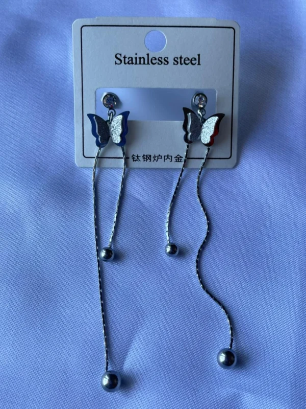 Stainless Steel Butterfly Two Drop Earrings for Women Silver Chain Design