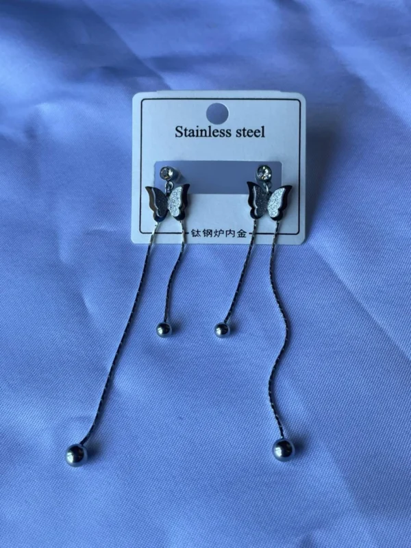 Stainless Steel Butterfly Two Drop Earrings for Women Silver Chain Design