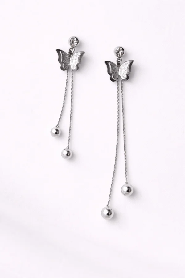 Stainless Steel Butterfly Two Drop Earrings for Women Silver Chain Design