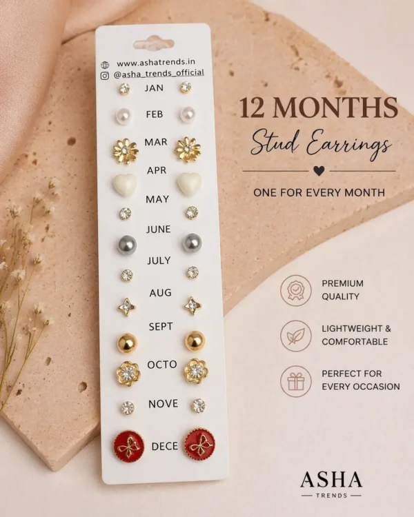 12 Pair Stud Earrings Set for Women & Girls