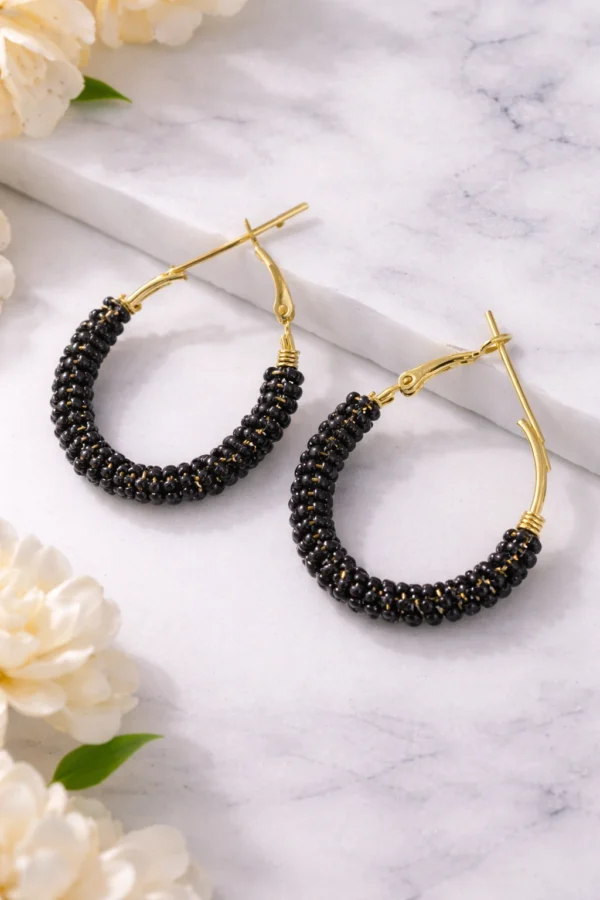 Black beaded hoop earrings for women and girls