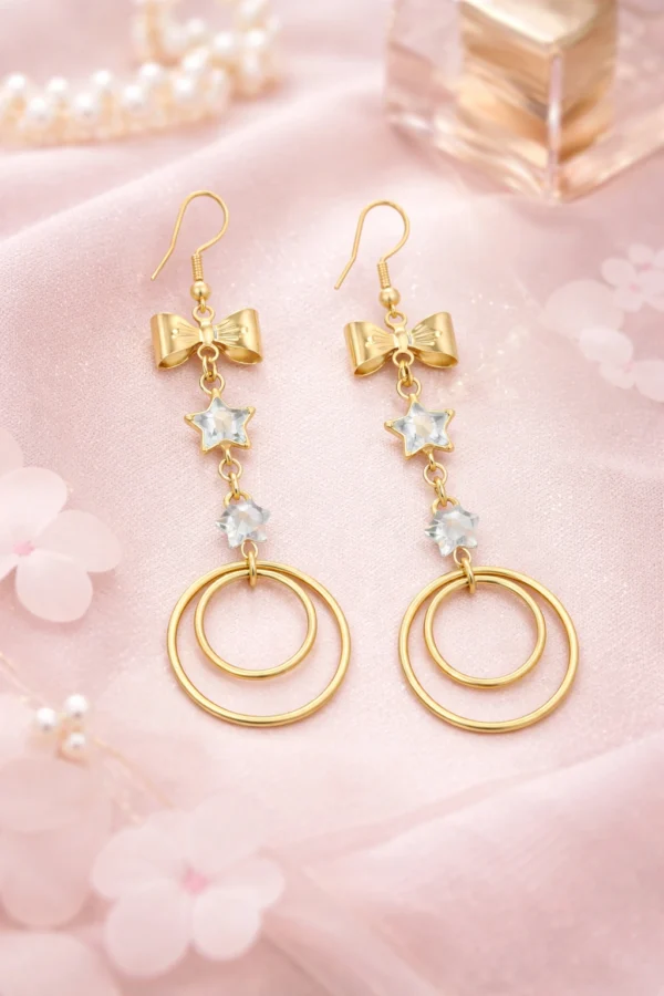 Bow Star Drop Earrings for Women & Girls | Stylish Double Ring Dangle Earrings