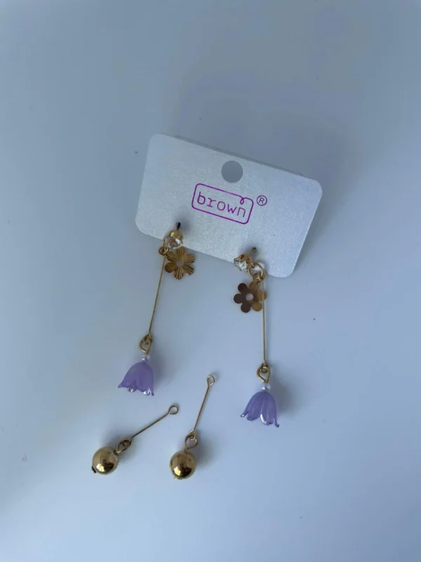 purple flower and golden ball drop earrings for women