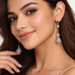 purple flower and golden ball drop earrings for women