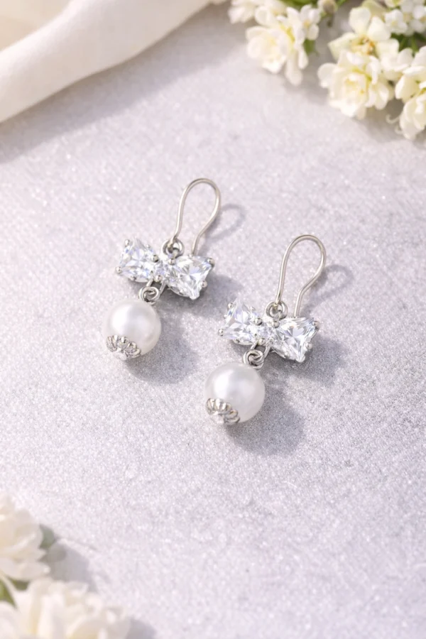Crystal Bow Pearl Drop Earrings for Women & Girls