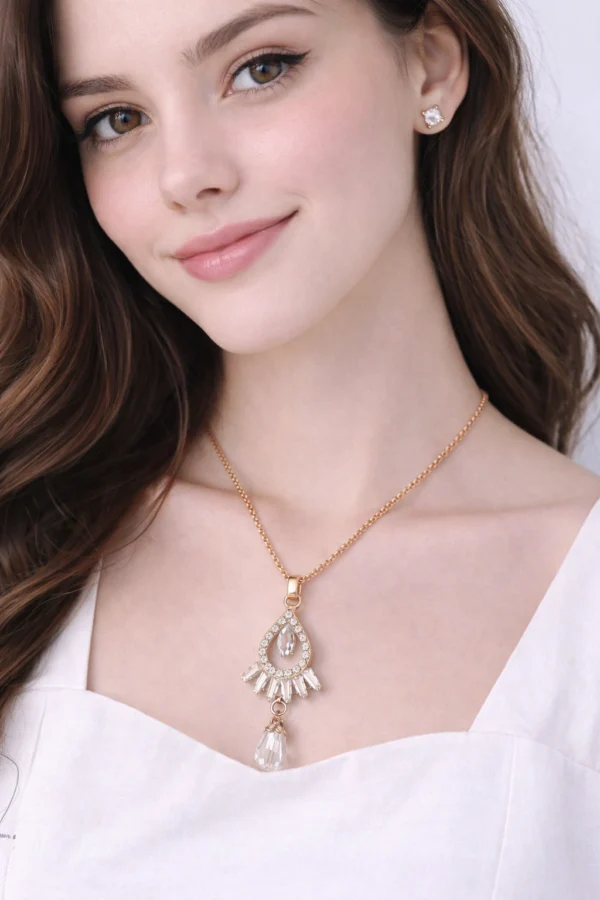 Crystal drop pendant necklace set with stud earrings for women and girls