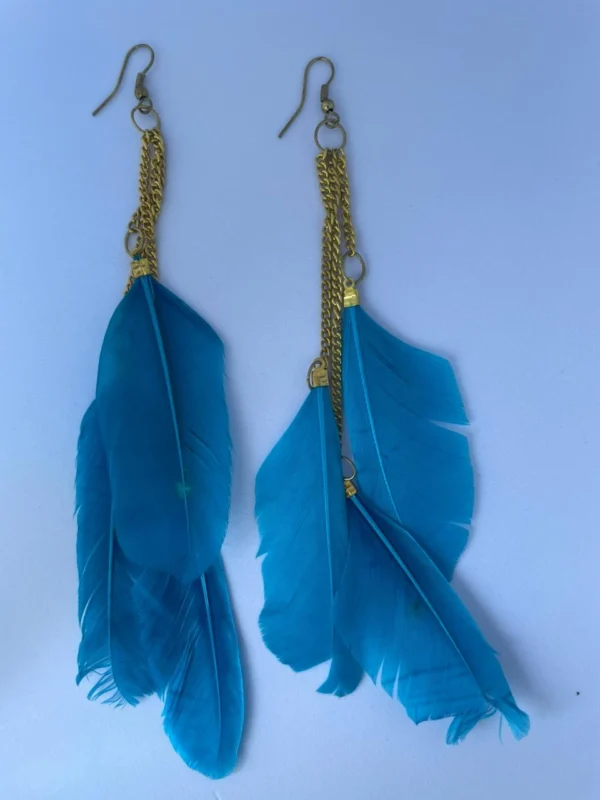 feather long drop earrings for women in blue