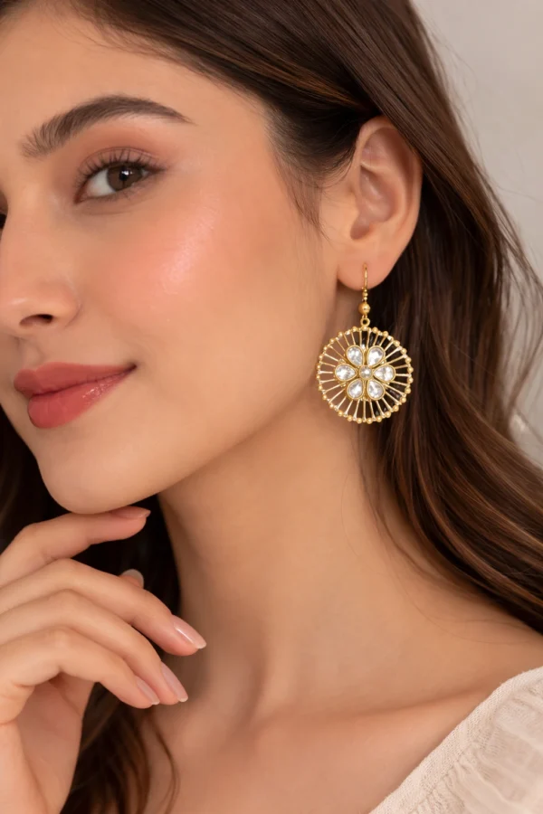 Model wearing floral crystal round earrings