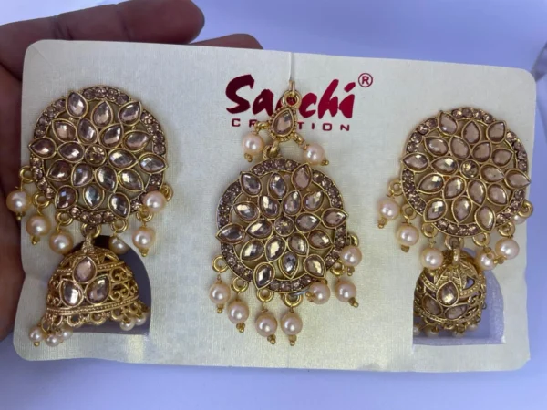 golden earrings and maang tikka set with pearl drops for women