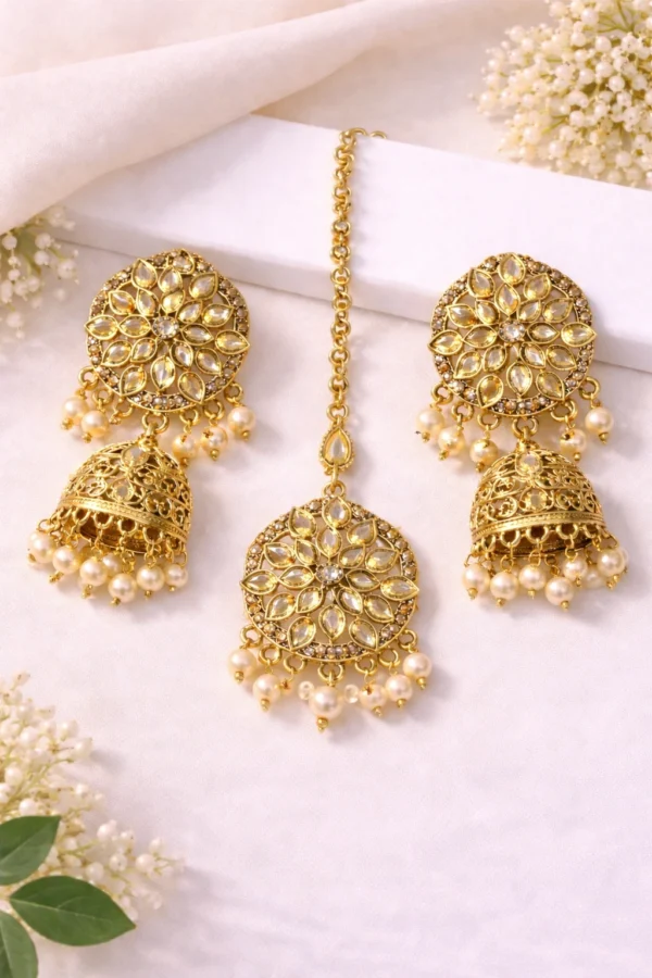 Golden Stone Earrings and Maang Tikka Set for Women | Bridal Festive Jewelry