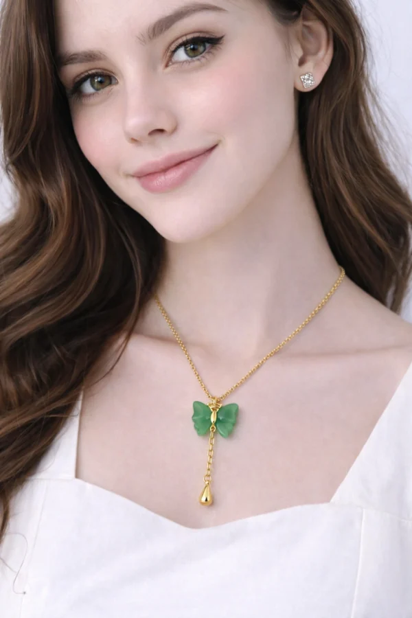 Green butterfly pendant necklace for women and girls