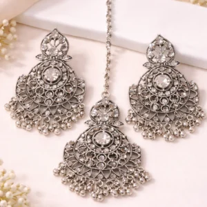 oxidised earrings set with maang tikka for women