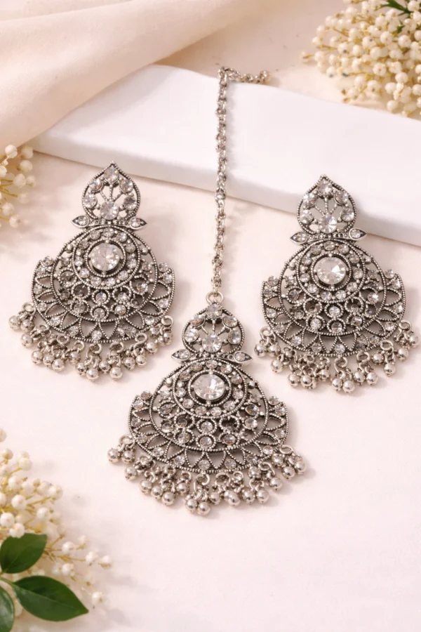 oxidised earrings set with maang tikka for women