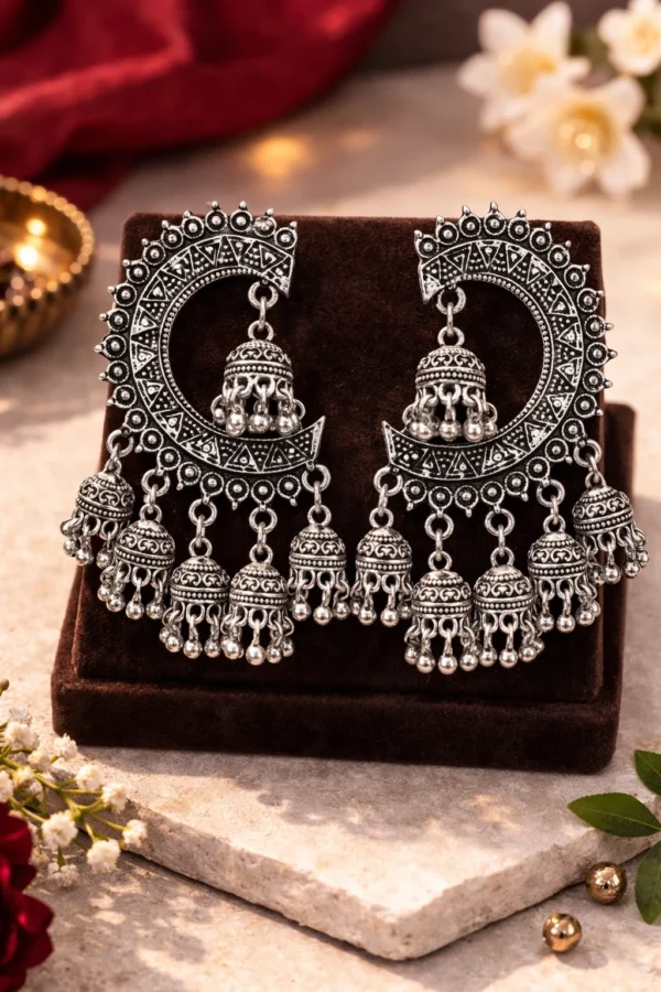 oxidised silver chandbali jhumka earrings for women